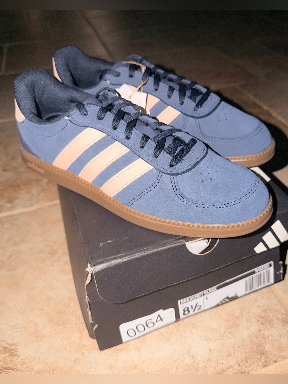 adidas Women’s Breakneck Sleek in blue and light pink w/ gum bottom sole
